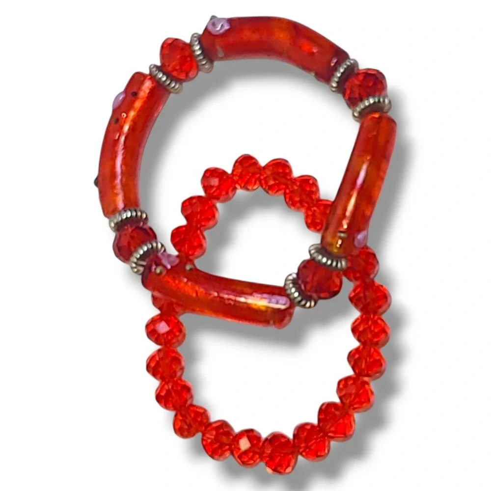 Red‎ Lampwork Glass & Crystal Beads Stretch Bracelet Stack of 2